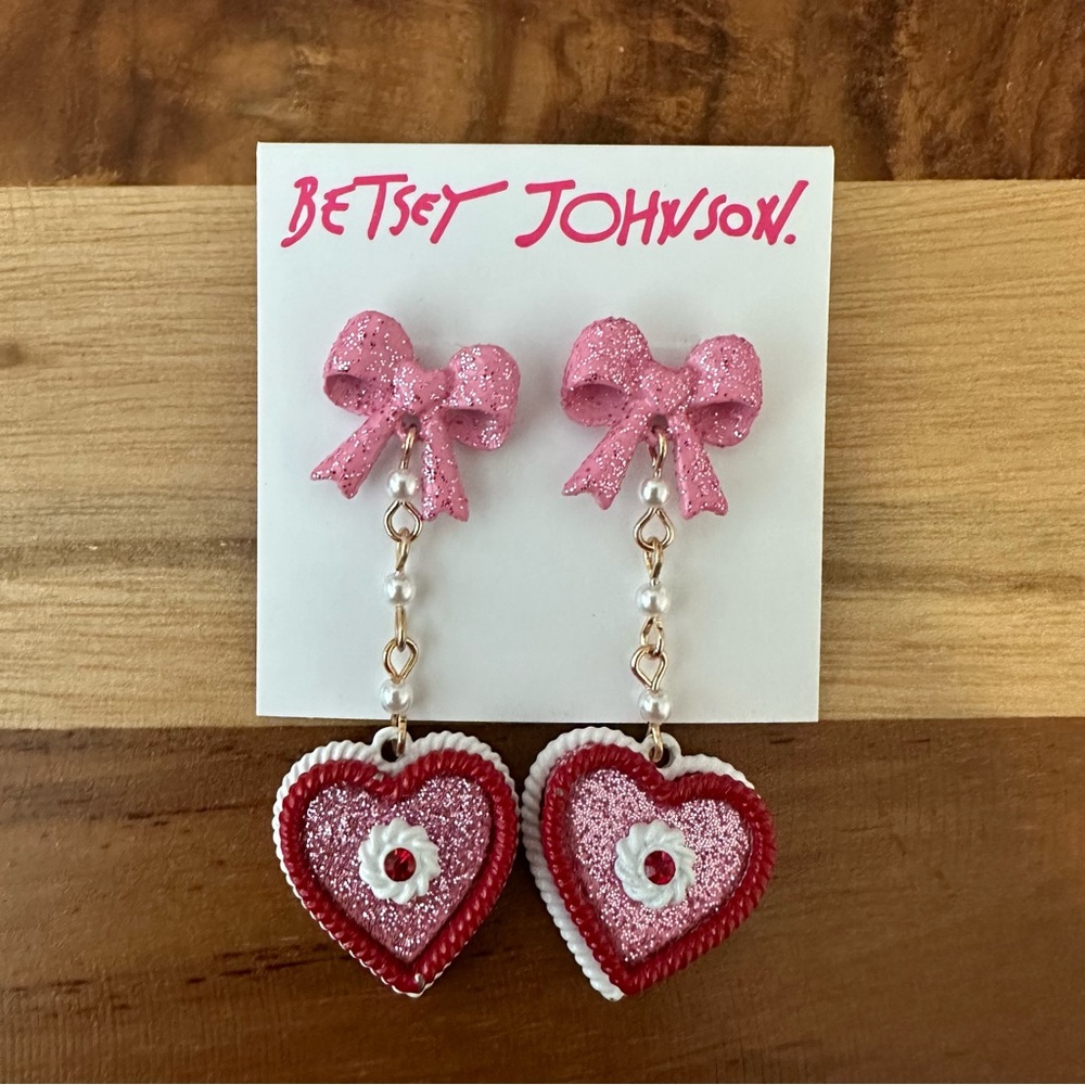 Betsey Johnson Baby Cakes Pink Bow & Pink Heart  Cakes Drop Earrings Faux Pearl